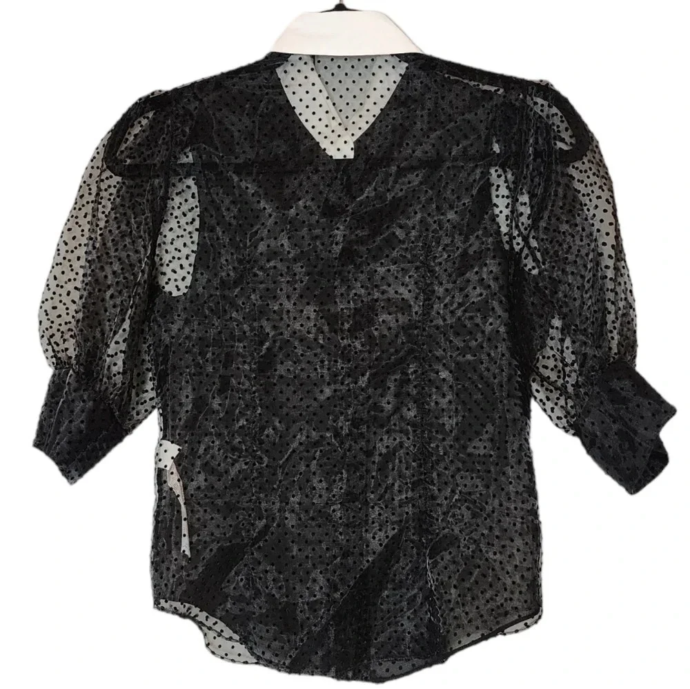 NWT Zara Jewel Button Black Sheer Velvet Dot Puff Sleeve Blouse Top Size Small